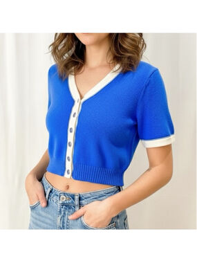 St. John Sport Blue Cropped Short Sleeve Wool Blend Cardigan Size P (US S)